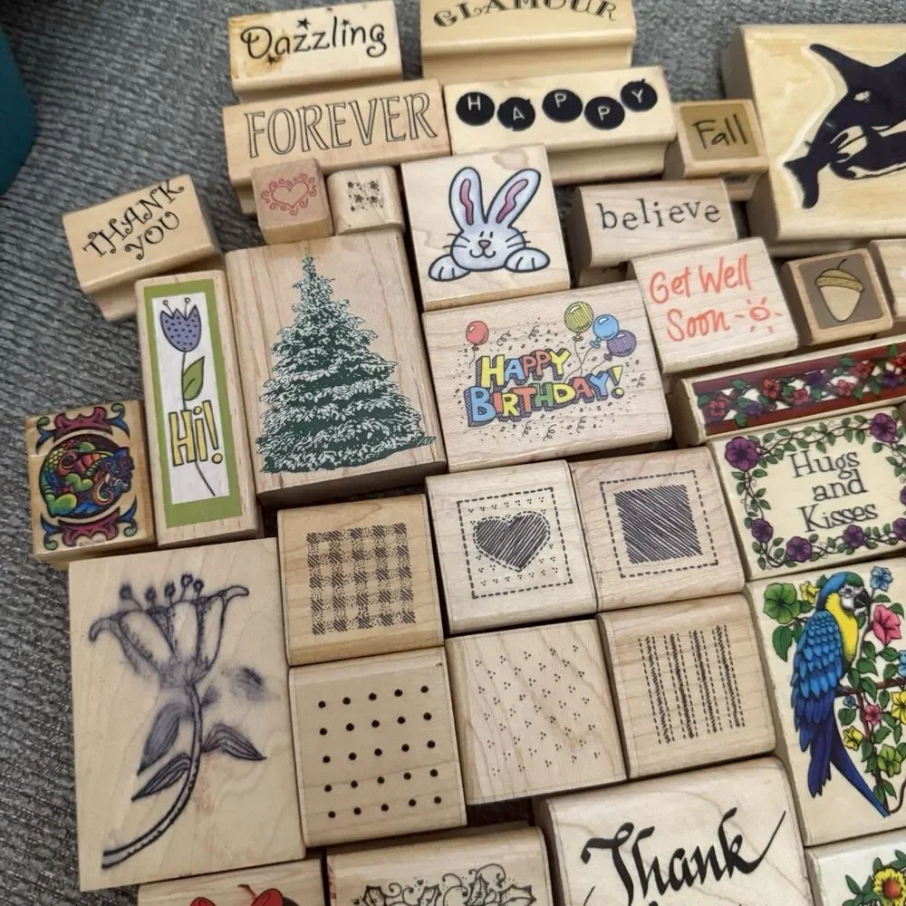 60+ Large Lot Vintage Rubber Wooden Stamps Seasons Words DOTS Sky Kids & More